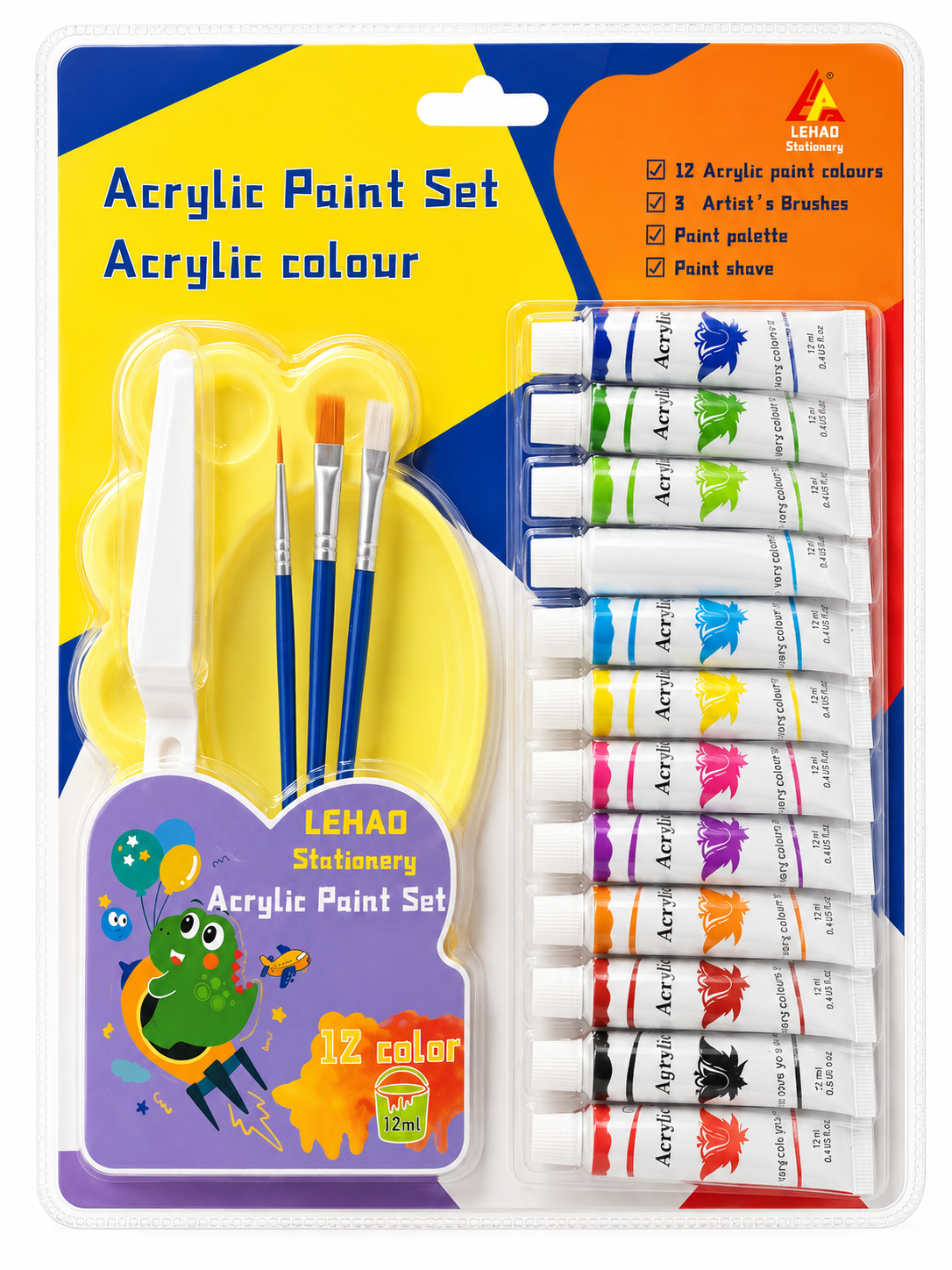 ACRYLIC PAINT SET [ 12 Tubes | 3 Brush | Paint Plate | Paint Shave ]