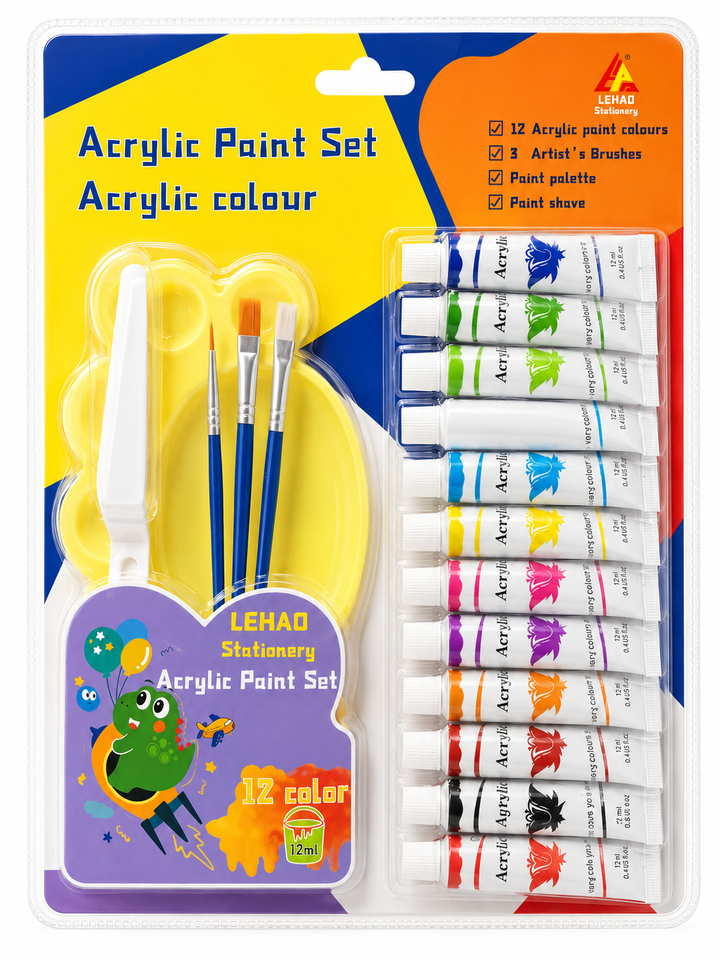 ACRYLIC PAINT SET [ 12 Tubes | 3 Brush | Paint Plate | Paint Shave ]