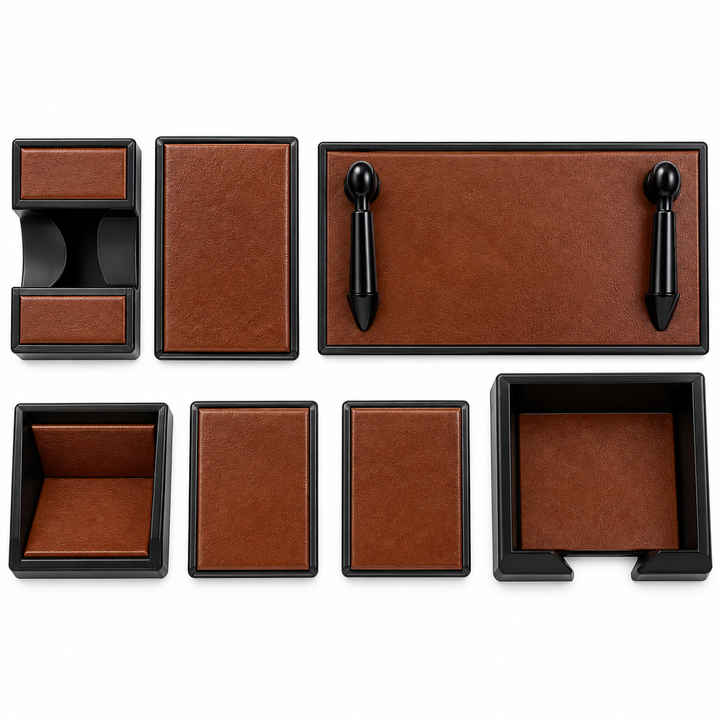 Rexine Leather Office Desk Organizer | 7 PCS Executive Desk Set | Premium Office Table Accessories