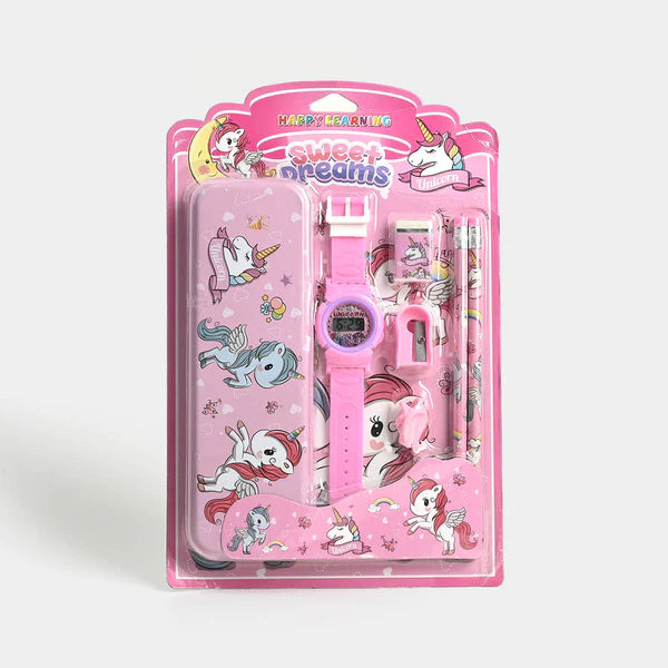 Gift set with tin pencil box and kids watch (9912)